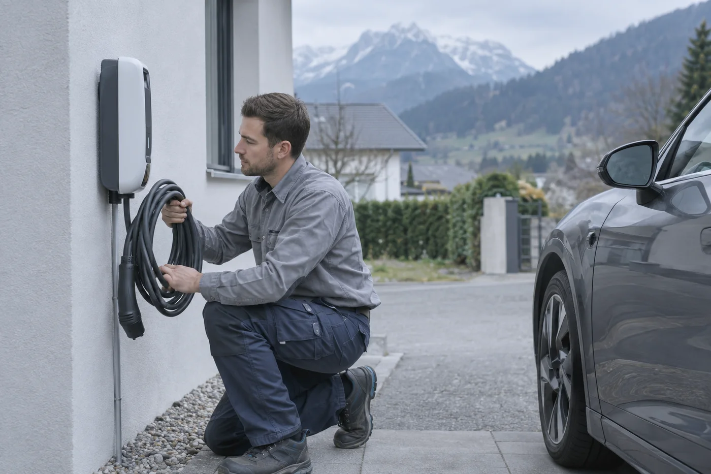 Wallbox-Montage an einer Hauswand mit Elektroauto in der Einfahrt