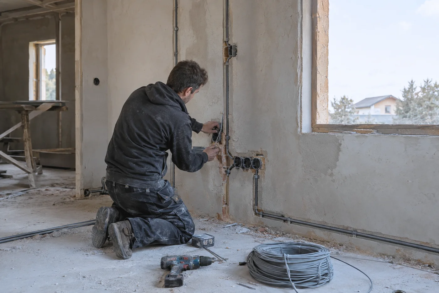 Elektrotechniker verlegt Leerrohre und Schalterdosen im Rohbau