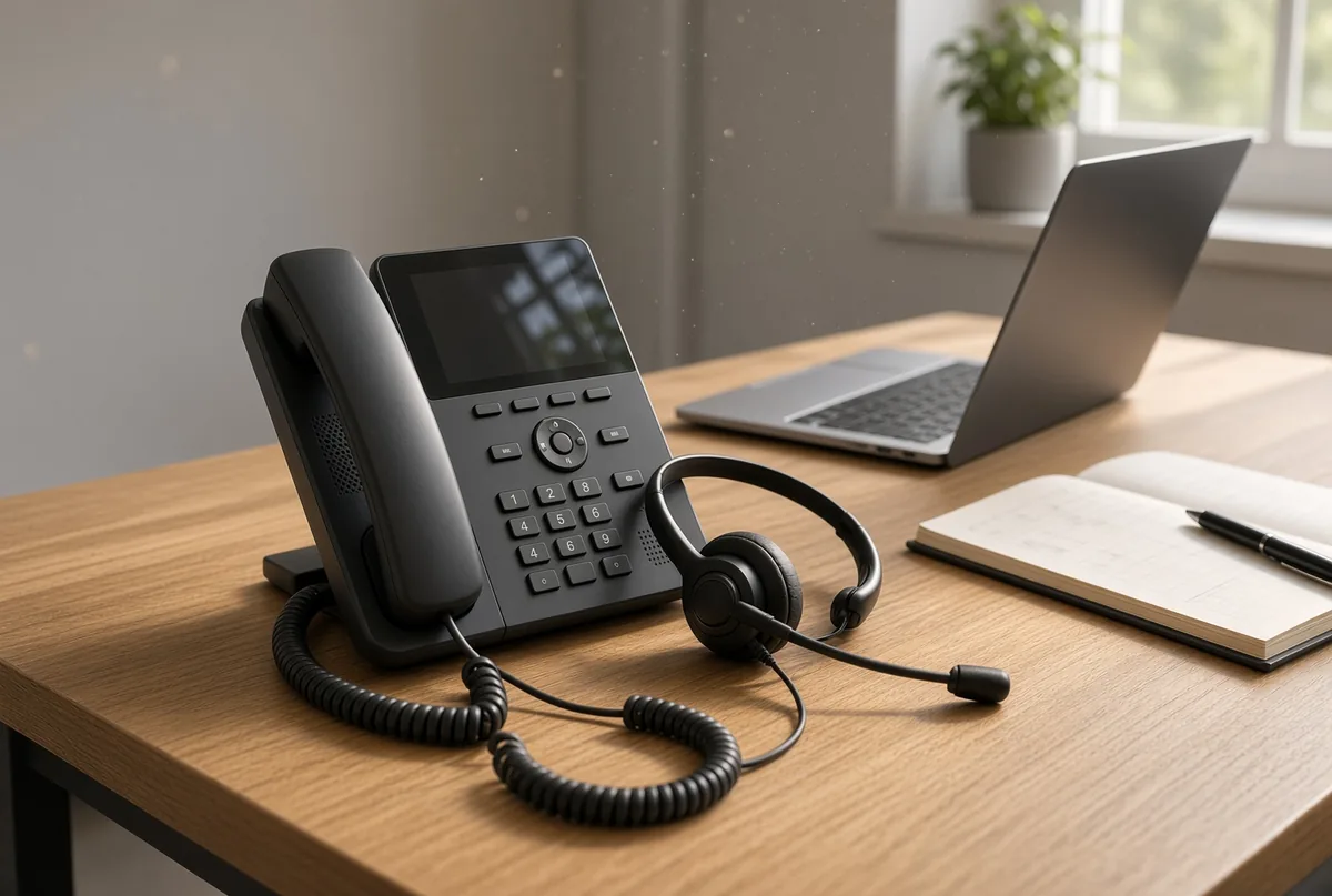 Symbolbild: Telefon mit Headset, Laptop und Notizbuch auf dem Schreibtisch für die Annahme von Störungsmeldungen