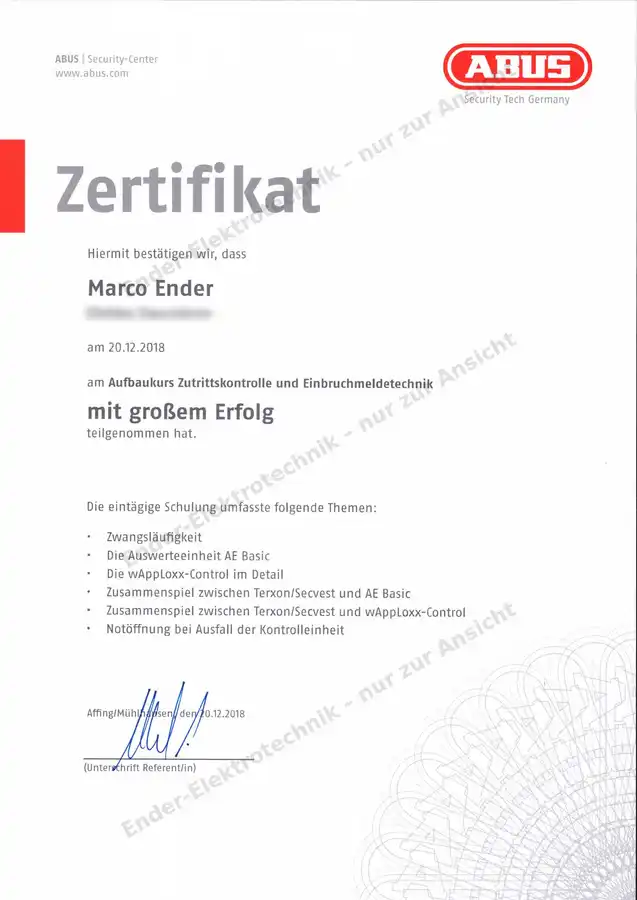 ABUS-Zertifikat Zutrittskontrolle und Einbruchmeldetechnik (Ansicht)