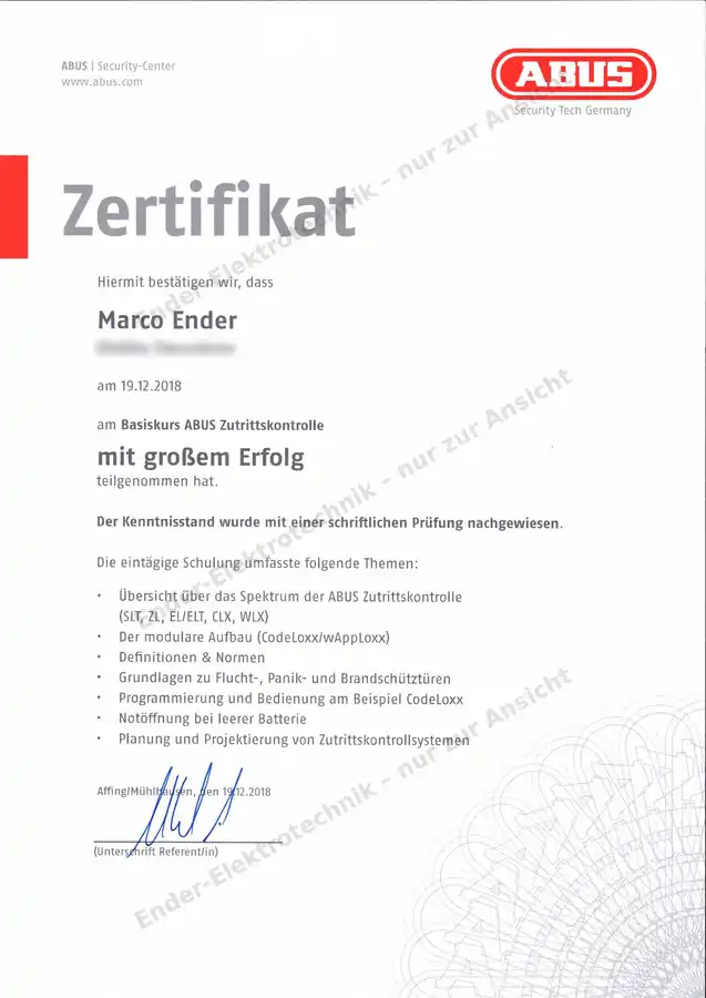 ABUS-Zertifikat Basiskurs Zutrittskontrolle (Ansicht)