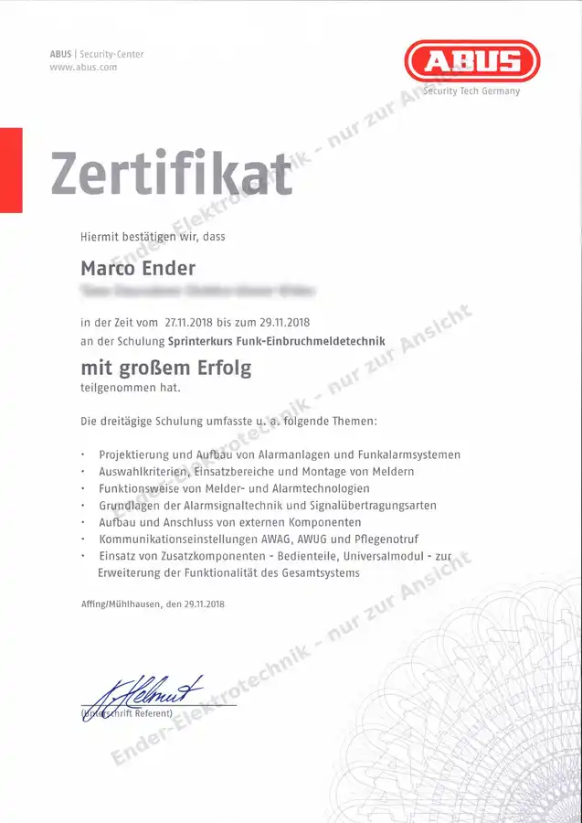 ABUS-Zertifikat Funk-Einbruchmeldetechnik (Ansicht)