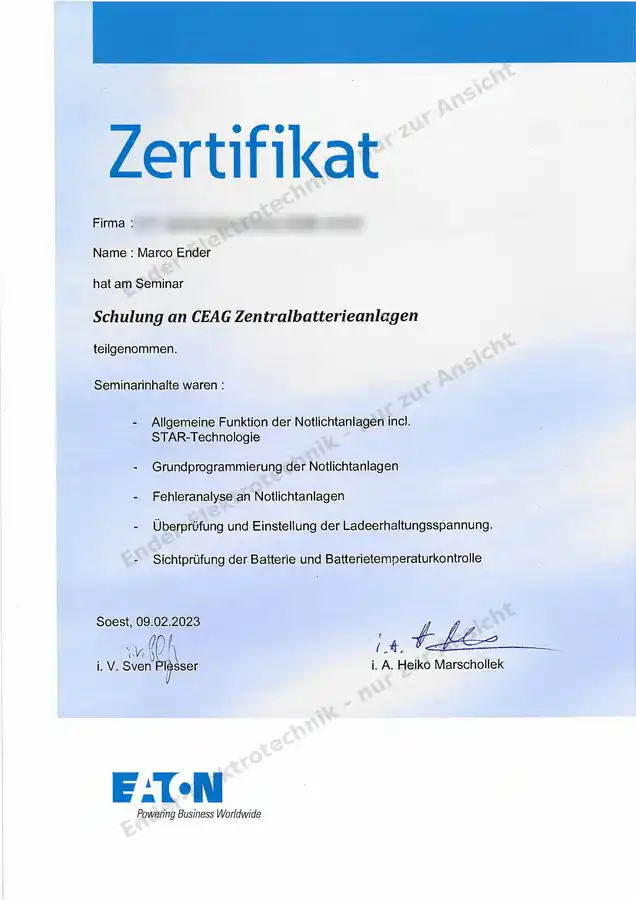 Zertifikat CEAG-Zentralbatterieanlagen (Ansicht)
