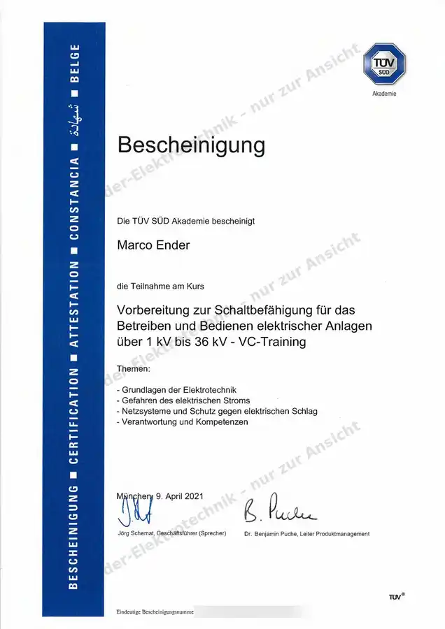 TÜV-SÜD-Bescheinigung Schaltbefähigung (Ansicht)