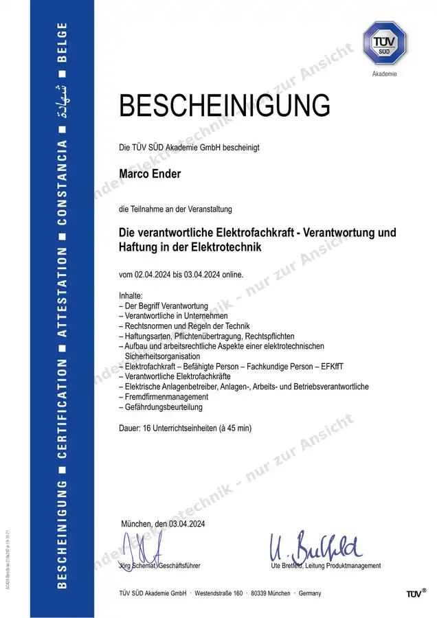 TÜV-SÜD-Bescheinigung VEFK-Seminar (Ansicht)