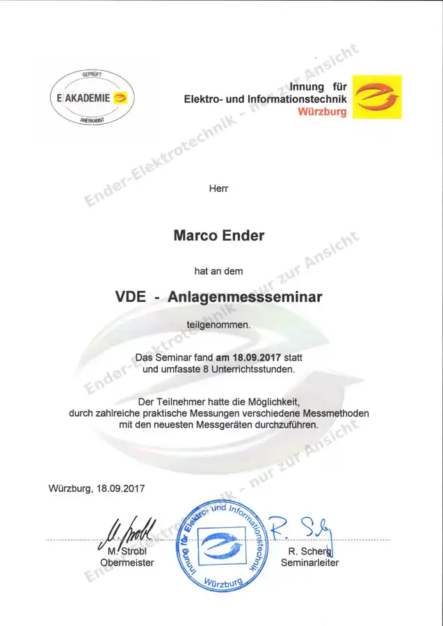 Teilnahmebescheinigung VDE-Anlagenmessseminar (Ansicht)