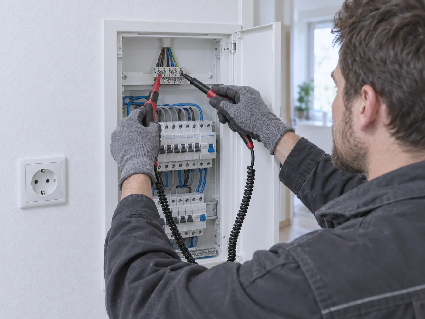 Spannungsprüfung mit zweipoligem Spannungsprüfer an den Klemmen des Hausanschlusses im offenen Wohnungsverteiler