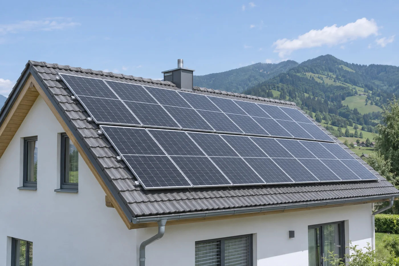 Photovoltaikanlage mit dunklen Modulen auf einem Ziegeldach