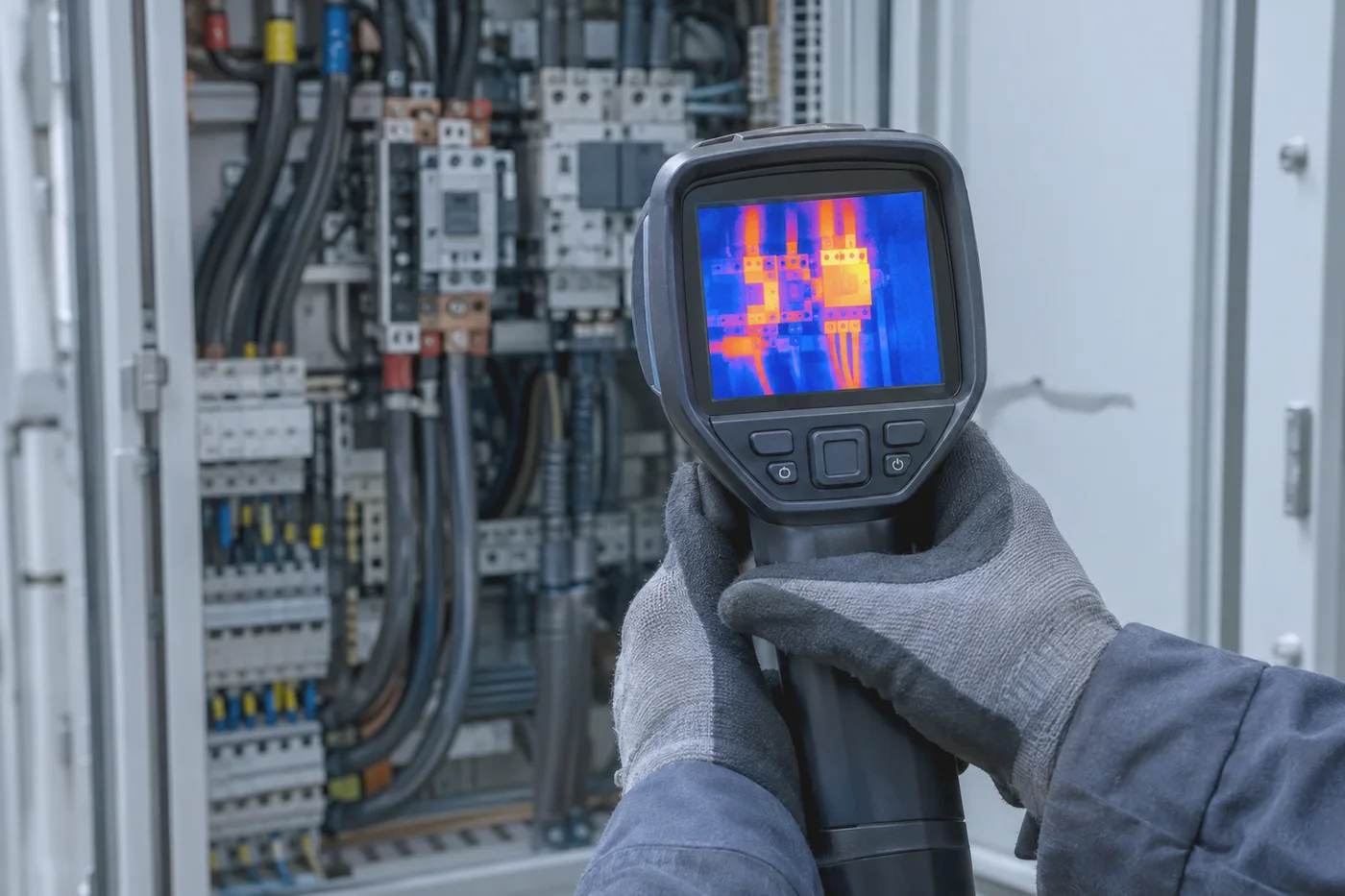 Thermografiekamera vor einer offenen Schaltanlage zur Kontrolle von Klemmstellen